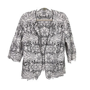 Peter Nygard 16 Black White Linen Floral Open Cut Out Blazer Jacket Open Front